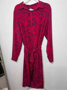 Lands' End Raspberry Red Floral Long-Sleeve Shirt Dress